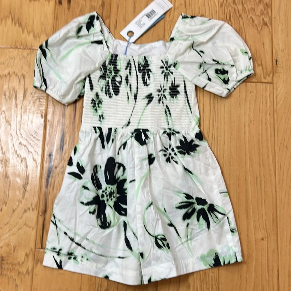 Tanya Taylor Mini Stevie Romper XS Green & Black Flowers on White Cotton Elastic